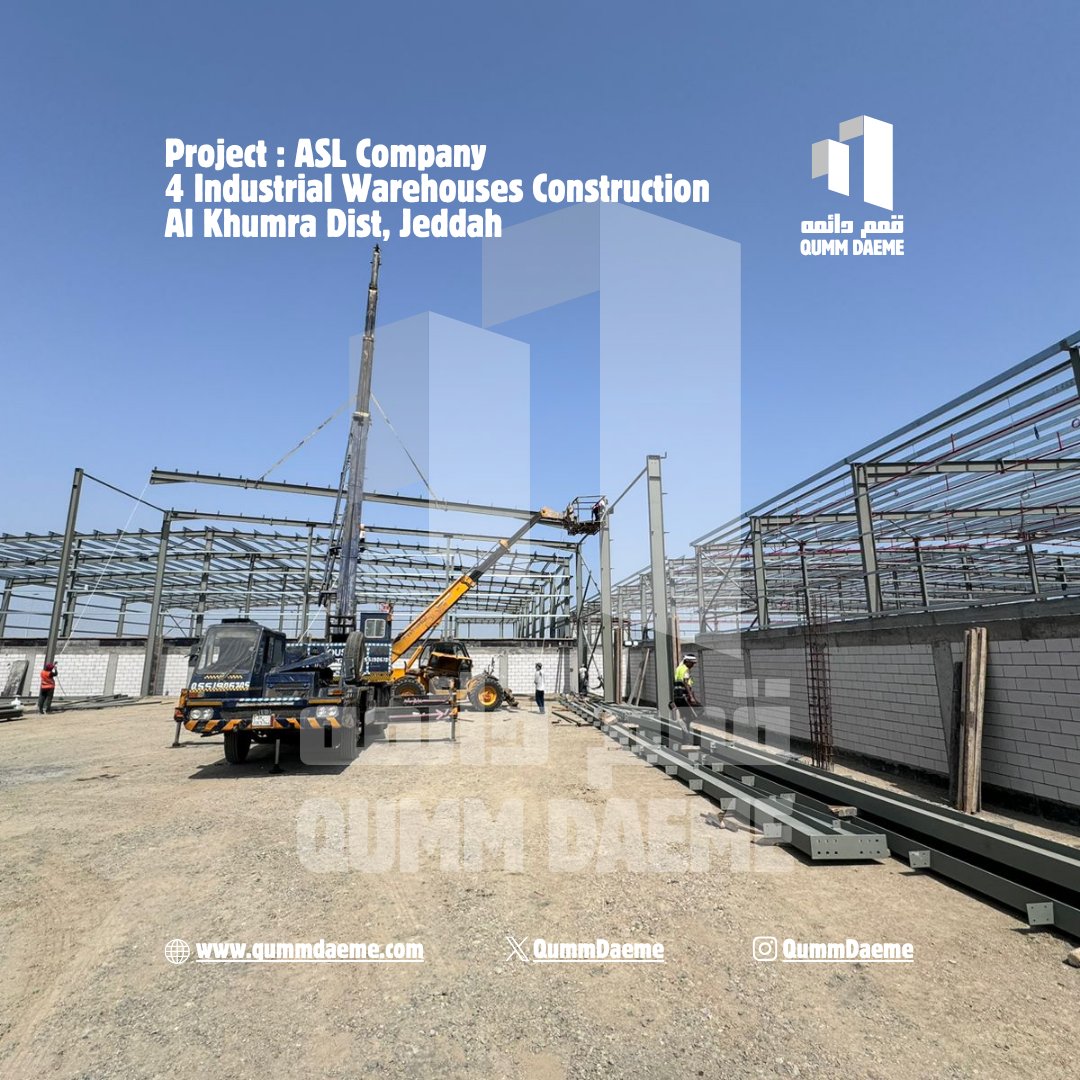 QummDaeme's tweet photo. Up and running! 🏗️ The steel structure for the Al Khumra 4 Industrial warehouses is being erected. Quality fabrication meets rapid assembly.
Part 2: The Structure

Follow our journey: https://t.co/HU7T17cbuV
#SteelStructure #Construction #Jeddah #ProjectSeries https://t.co/e6VcsVLX4w