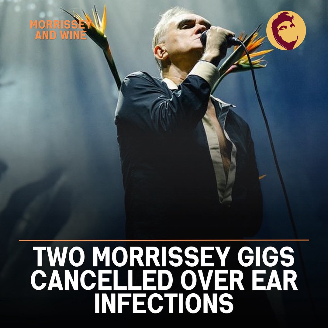 mozandwine's tweet photo. Morrissey has cancelled two US shows due to “severe” ear infections. 

The Salt Lake City gig on Oct 4 and the Seattle concert on Oct 7 have been axed. 

Fans reported that Moz appeared to be having problems with his ears at a previous gig in Denver.

Tour to resume Oct 9. https://t.co/T2xNBmiVfG