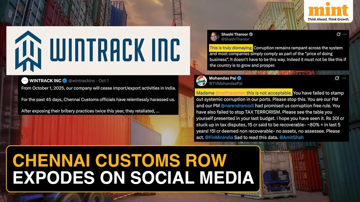 livemint's tweet photo. Customs Scandal Erupts: #Wintrack’s Charges Go Viral, Govt Orders Probe After Social Media Firestorm 

The Wintrack corruption scandal has erupted online, forcing a government investigation. The Finance Ministry has officially acknowledged the issue and ordered a formal probe. 

Authorities say the Department of Revenue will conduct a factual, transparent inquiry into allegations.

WATCH: https://t.co/5KWyO1M9SZ