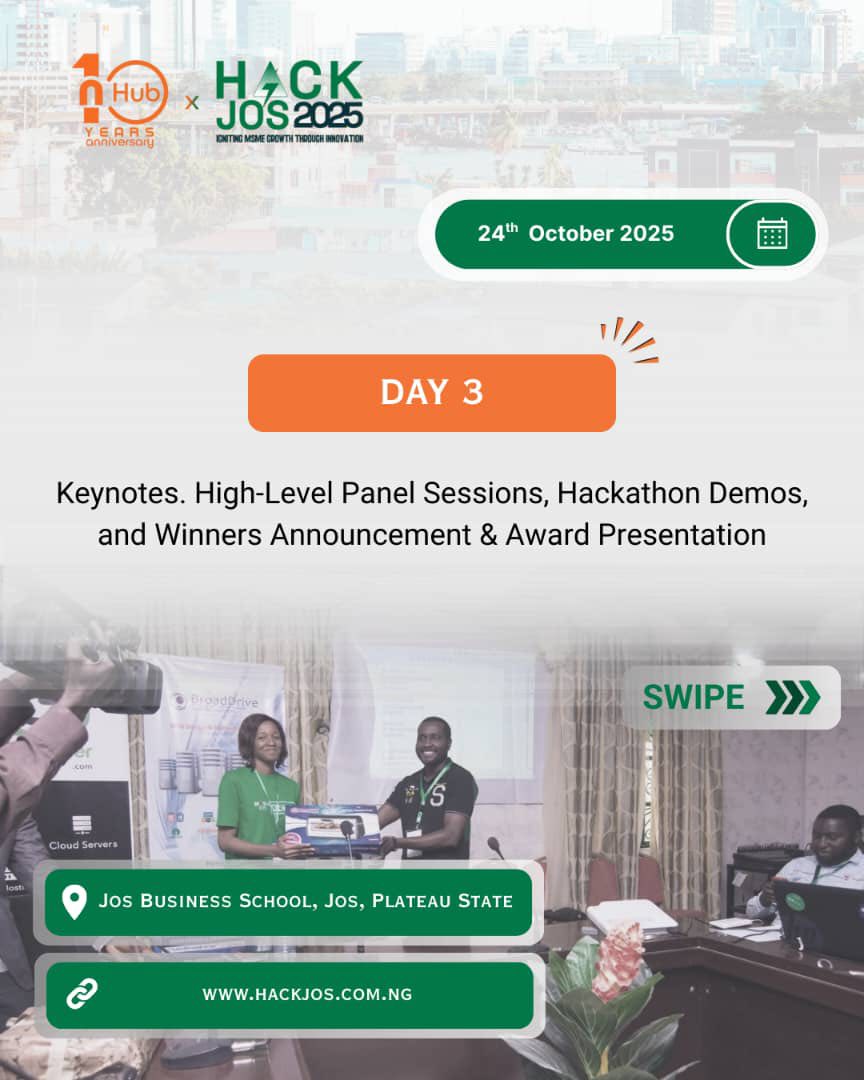 nhub@10|HackJos

HackJos is back, bigger &amp; better! 👨🏾‍💻👩🏾‍💻

nHub turns 10, shaping the future from pioneering tech to empowering MSMEs. Join us;
Register now!
📞: +2348068897177
📧info@hackjos.com.ng

#nHub10 #HackJos2025 #InnovationSummit #HackJos #PlaceHer10