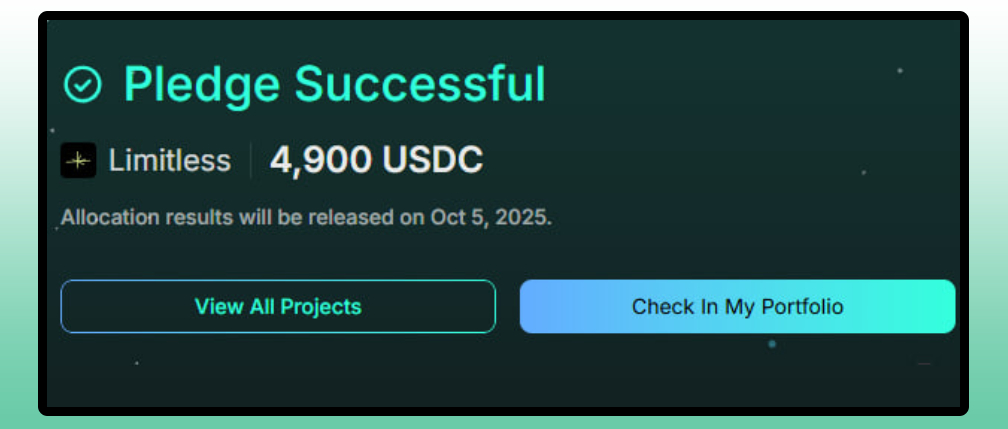 You have one day left

Key metrics:

• Round: Pre-TGE
• Valuation / FDV: $75M
• Last round valuation: $70M
• Target raise: $1M USDC
• Vesting: 50% at TGE + 50% at TGE + 6 months
• Est. TGE: October 2025

I entered <a href="/trylimitless/">Limitless</a> 

My goal is modest, at least a $200