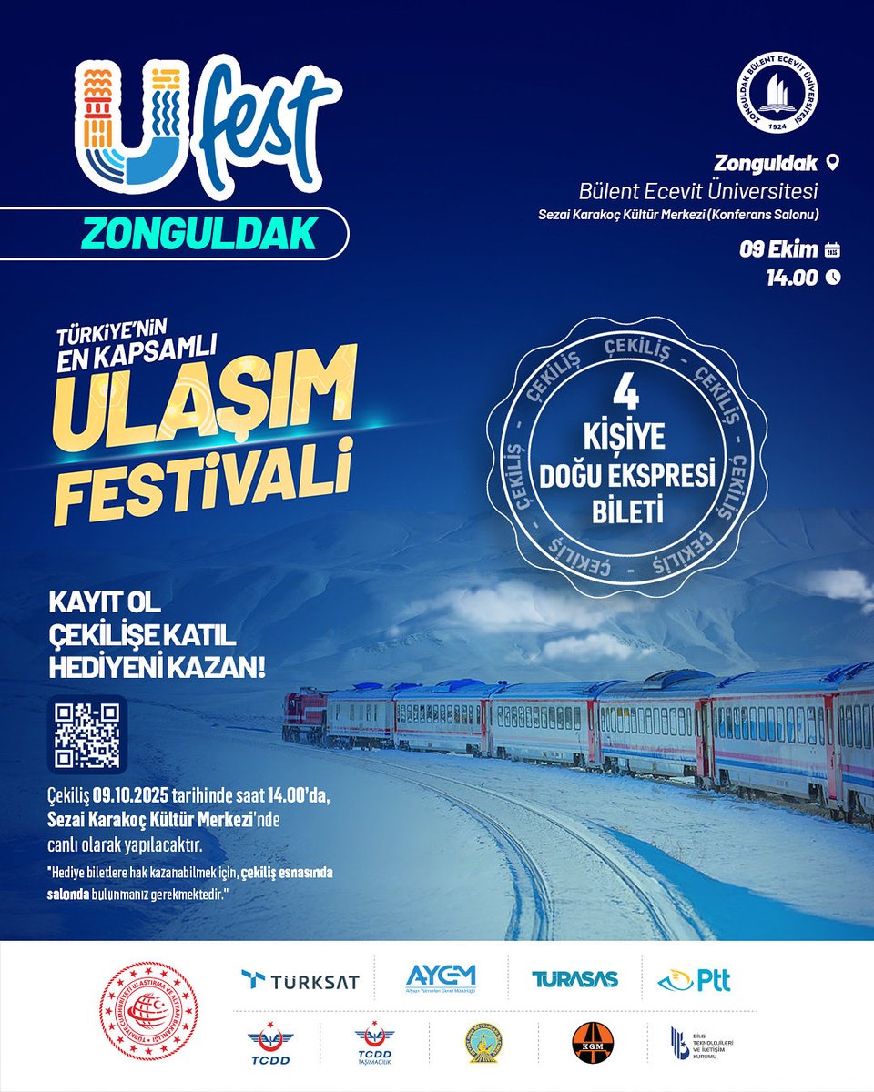 🎉 #UFEST, Doğu Ekspresi Bileti Hediye Ediyor! 🎉

📅 7 – 10 Ekim tarihleri arasında Zonguldak Bülent Ecevit Üniversitesi’nde gerçekleşecek UFEST’te, 4 şanslı katılımcı Doğu Ekspresi bileti kazanıyor! 🚂✨

Festival alanına gel, çekilişe katıl ve eşsiz manzaralar eşliğinde