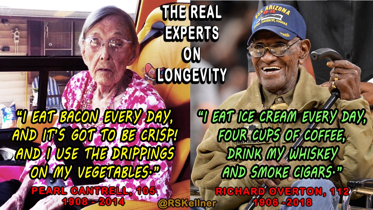 RSKellner's tweet image. #Longevity tips from two champs: Pearl Cantrell ate bacon every day until she died at 105. And #WWII vet #RichardOverton had 4 cups of coffee laced with whiskey each day, ice cream every night—and smoked cigars. “Just keep living—don’t die!” he said. Made it to 112. #History