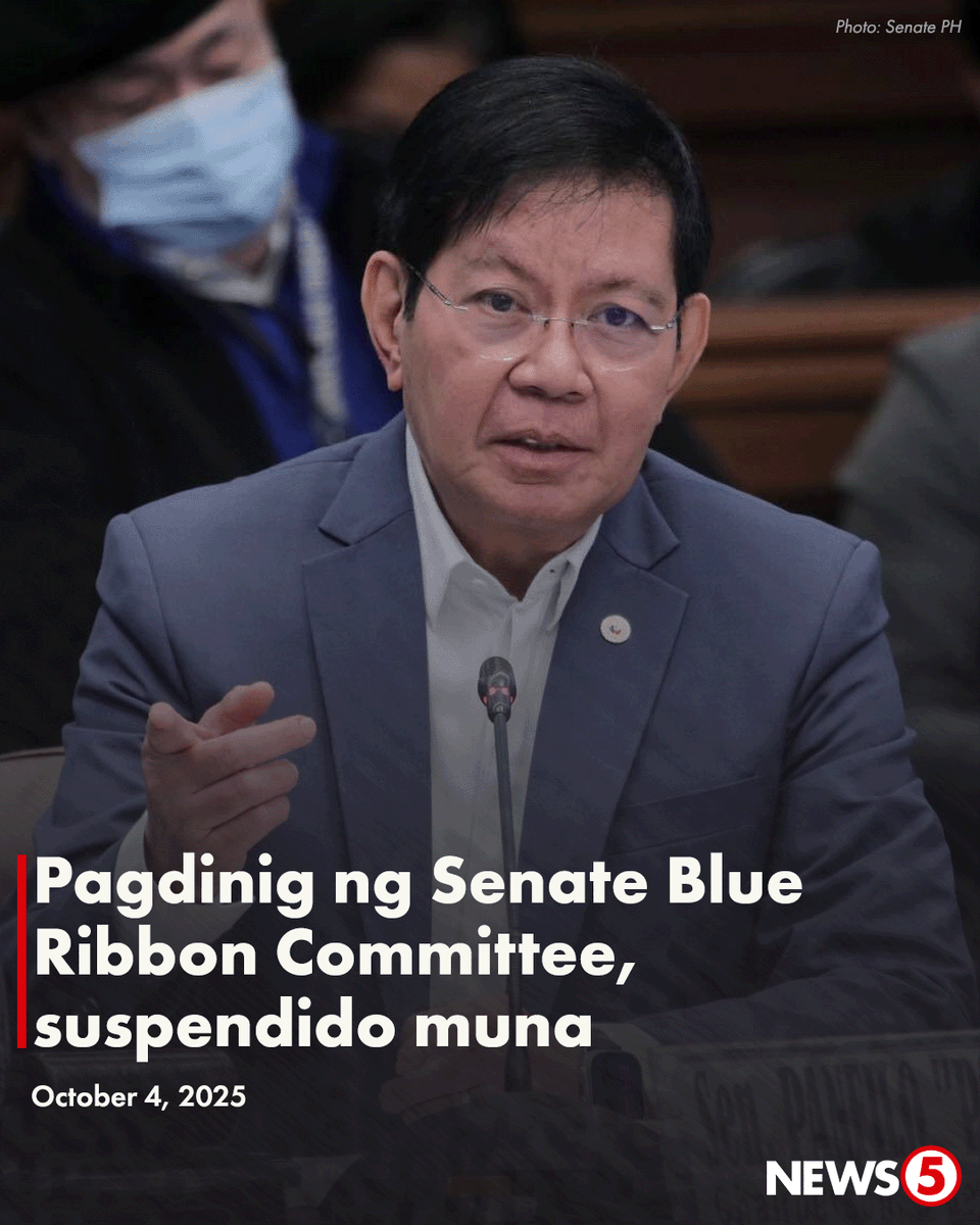 News5PH's tweet photo. WALA MUNANG HEARING
Kinumpirma ni Senate Blue Ribbon Committee Chair Sen. Ping Lacson, na suspendido muna ang lahat ng pagdinig ng kanyang komite kaugnay sa anomalya sa flood control projects.
Paliwanag ni Lacson, sa Miyerkules, Oct. 8 sana ang susunod na hearing.
Pero hindi pa raw handa ang hinihintay niyang affidavit ng mag-asawang Discaya at ang resulta ng imbestigasyon sa isyu ng affidavit ng testigong si Orly Guteza.
Dahil dito, nagdesisyon si Lacson na ipagpaliban muna ang hearing para hindi rin sumabay sa pagdinig sa budget.