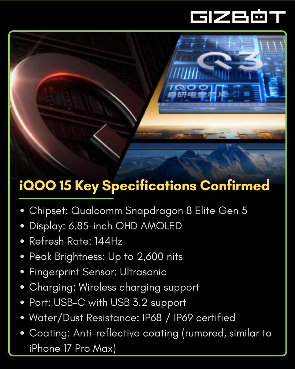 gizbot's tweet photo. iQOO 15 Confirmed with Snapdragon 8 Gen 5, 144Hz QHD Display &amp; IP69 Rating

#144HzDisplay #IP69 #FlagshipPhone #TechUpdates #iqoo15 https://t.co/VU1eisJ9br