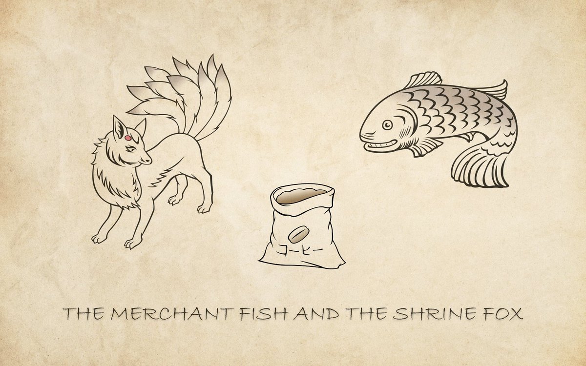 Day 4 of #maeminktober - Medieval: its not all knights and snails. During the medieval era Japan had its own artistic aesthetic. So here is the story of the Merchant Fish who sold coffee and the Shrine Fox he hired.