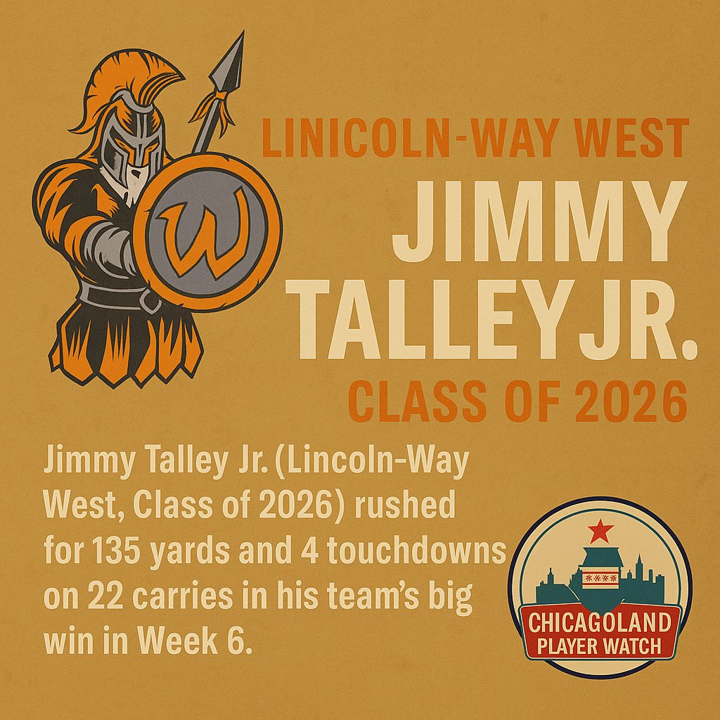 ChiPlayerWatch's tweet photo. Jimmy Talley Jr. (Lincoln-Way West, Class of 2026) has been making a name for himself as one of the toughest and most consistent playmakers in the area. 

At 6’0” and 225 pounds, Talley brings a physical presence every time he steps on the field. In Week 6, he was unstoppable, rushing for 135 yards and 4 touchdowns on 22 carries to help lead Lincoln-Way West to a dominant 52–21 victory over DeKalb.

Talley’s size, strength, and versatility stand out…whether lining up as a fullback, tailback, or linebacker, he finds ways to impact the game. 

A true football and wrestling athlete with a 4.3 GPA, he shows discipline and toughness both on and off the field. With his combination of academics, athleticism, and production, 

Talley is quickly establishing himself as a player to keep on every coach’s radar. @JimmyTalley08