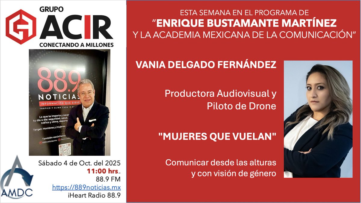 EnriqueB01's tweet image. Hoy en #MiProgramaDeRadio de la Academia Mexicana de la Comunicación, entrevisto a @vadelgado12 Productora Audiovisual y Piloto de Drones e integrante del colectivo “Mujeres que vuelan”.
Cápsula de IA de @jhidalgo 
11:00 hrs. en 88.9 FM o 889noticias.mx Heart Radio 899
