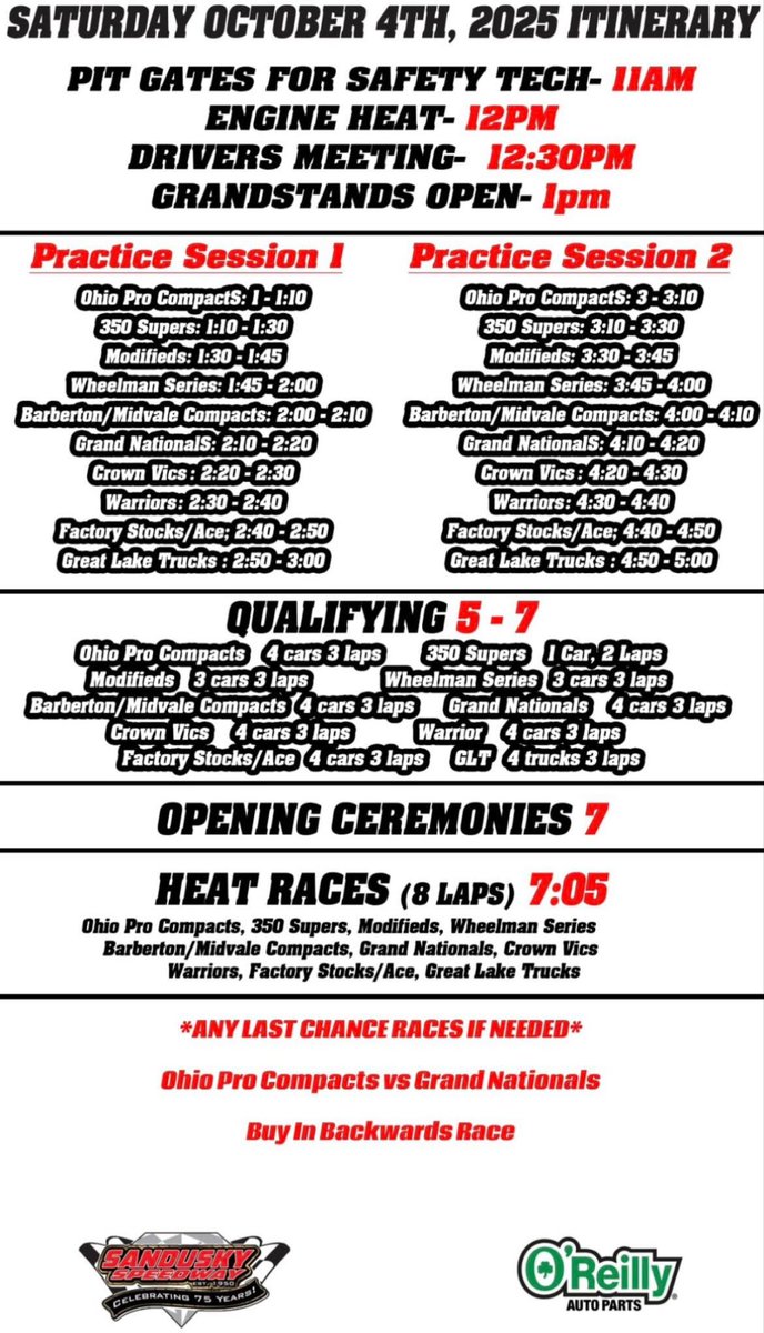 AllThingsSuperm's tweet image. Saturday RACEDAY Schedule for the @sanduskyspeedwa Cavalcade 🏆 🏁 

2️⃣4️⃣ 350 Supers will Qualify and run there 8 Lap Heats later this evening and the 30 Lap Feature event tomorrow afternoon

#Supermodifieds