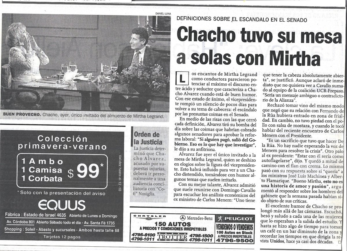 TintaOjo's tweet photo. #Hace25Años #En2000
El miércoles 4/10/00 el Vicepresidente Carlos Álvarez almorzó en América con #MirthaLegrand.
A los dos días, el 6/10 #Chacho anunció su renuncia indeclinable en el Hotel Bauen.
Quedó planteada, entonces, la duda.
El programa de La Chiqui... Traía suerte ? https://t.co/rar5wLAjOO