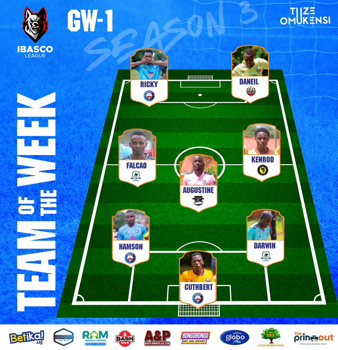 IbascoLeague's tweet photo. @IbascoLeague Game Week 1 🔥 
The pitch spoke, the legends delivered! 💪 Here are your IBASCO League Team of the Week warriors. Pure class , pure ibasco spirit .
Courtesy of @BetikaUg 
#ibascoleaguesn3 
#TuzeOmukensi https://t.co/SYPQHHySWU