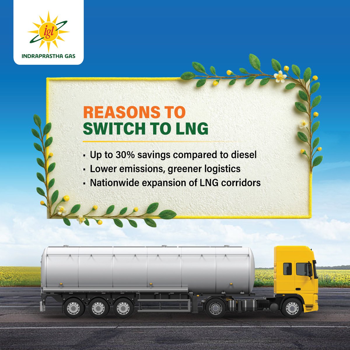 IGLConnect's tweet photo. Fuel your fleet with LNG and power every journey with savings and sustainability.
Because every mile should count towards a greener tomorrow.

#IGL #SwitchToLNG #GreenerLogistics #FuelForFuture #SustainableTransport #LNGForIndia #DriveWithSavings #CleanEnergy #IGLLNG #EcoFleet https://t.co/NBvQc4JOGW