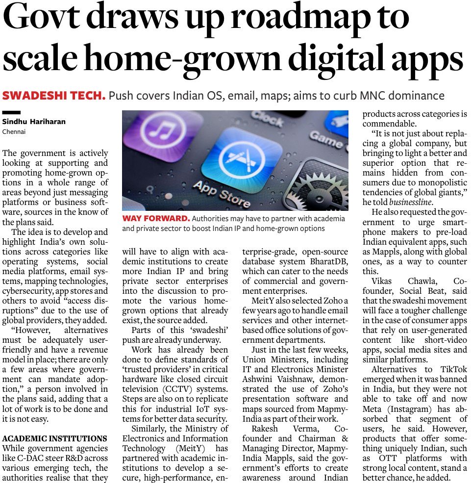 dailyupdates25's tweet photo. The Indian government has unveiled a roadmap to scale home-grown digital apps (OS, email, maps) to counter MNC dominance under #SwadeshiTech. Reported by Sindhu Hariharan, the plan supports local platforms and may involve partnering with academia and private sector. @PMOIndia
 @GoI_MeitY
Authorities aim to boost Indian IP, with the Ministry of Electronics and IT (MeitY) and IT Minister @AshwiniVaishnaw
 driving efforts. This includes developing standards for trusted providers and open-source solutions like BharatDB, strengthening #DigitalIndia's digital sovereignty.