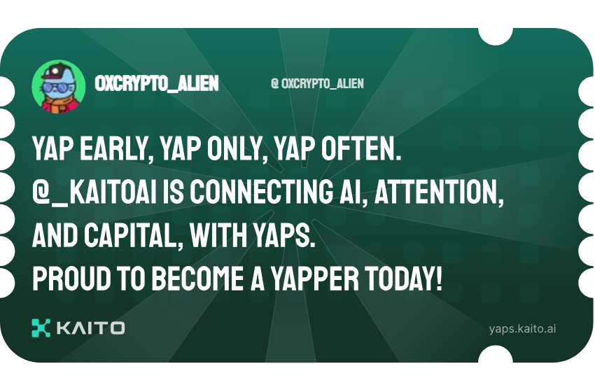 0xcrypto_alien's tweet photo. Yap early, yap only, yap often.

@KaitoAI is connecting AI, attention and capital with Yaps.

Just claimed my social card and I'm accumulating Yap points in real-time.

Claim yours 👉 https://t.co/LUGzFtQuuP https://t.co/VrfyGoR6gS