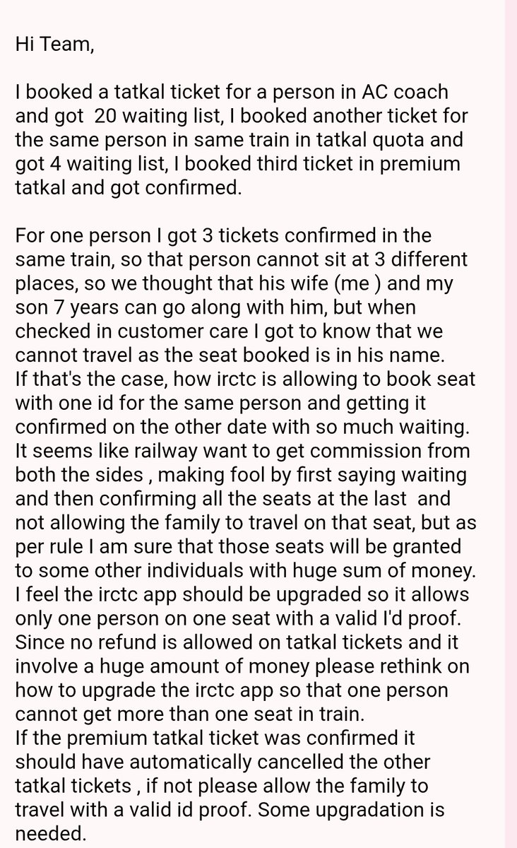 AuthorPriyanka's tweet photo. @RailMinIndia @AshwiniVaishnaw 
Please upgrade irctc app as it is involving  loss of money for middle class.Due to some urgency I booked  tatkal tickets three times and all got confirmed at the last moment for same person so I cannot cancel the other two since there is no refund https://t.co/mwGUhMB3nw