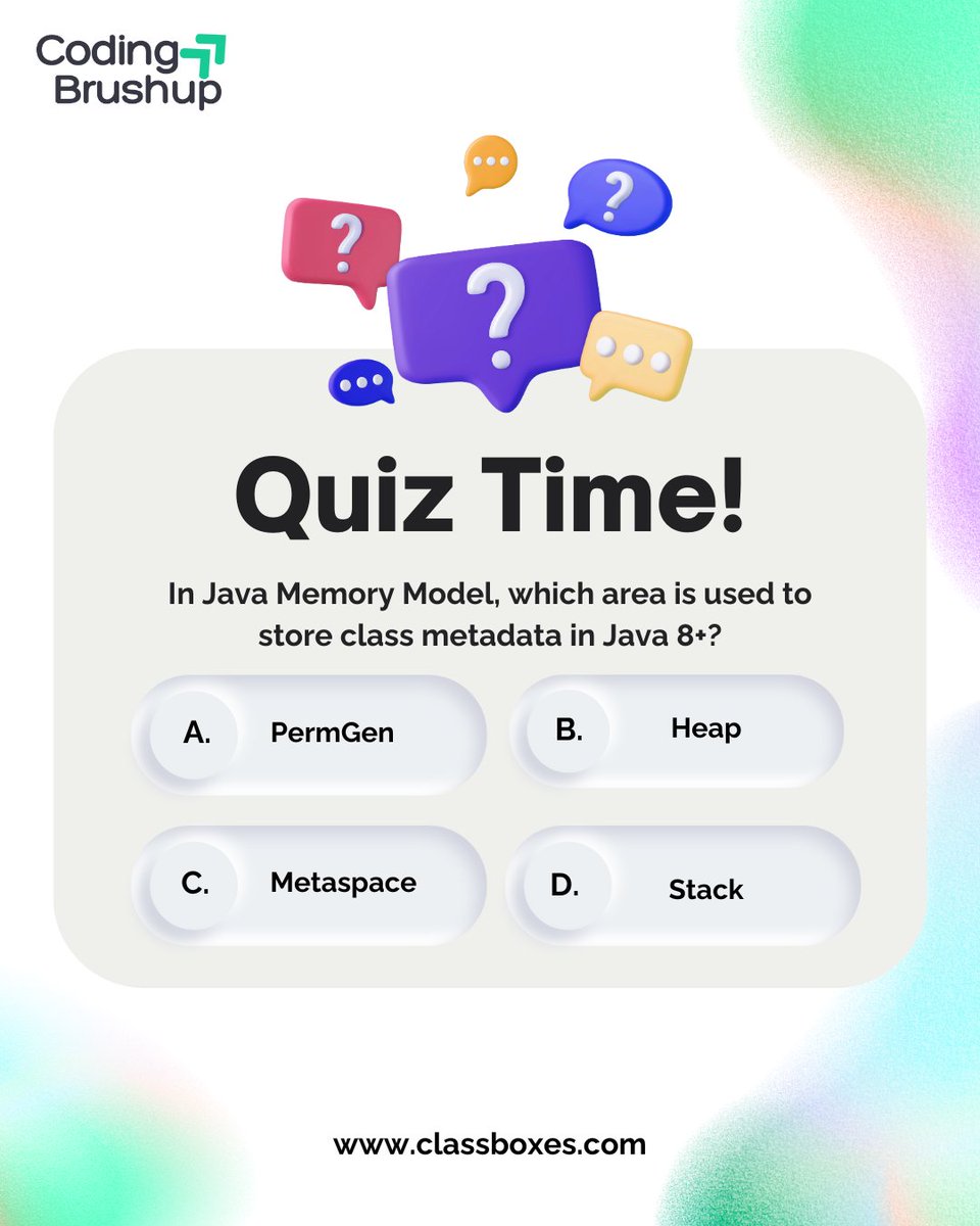 Codingbrushup's tweet image. Java Pro Tip: PermGen is gone! Can you spot where class metadata lives in Java 8+?” 🚀 #JavaQuiz #CodingBrushup
codingbrushup.com