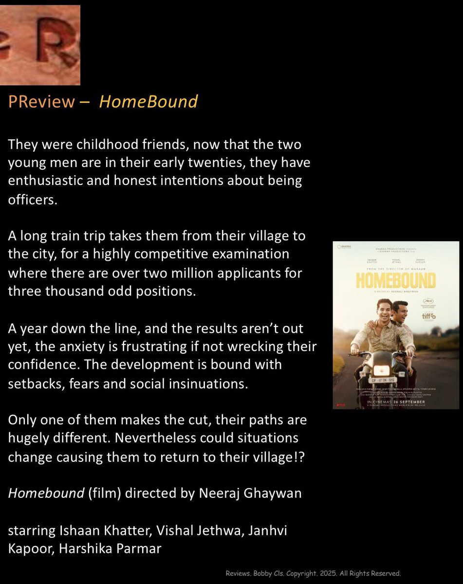 Rcoolmovies's tweet image. A year down the line, and the results aren’t out yet, the anxiety is frustrating if not wrecking their confidence. The development is bound with setbacks, fears and social insinuations. 

#Homebound (film) by #NeerajGhaywan

#ZFF2025 #ZurichFilms #Zurich @Zurichfilmfest