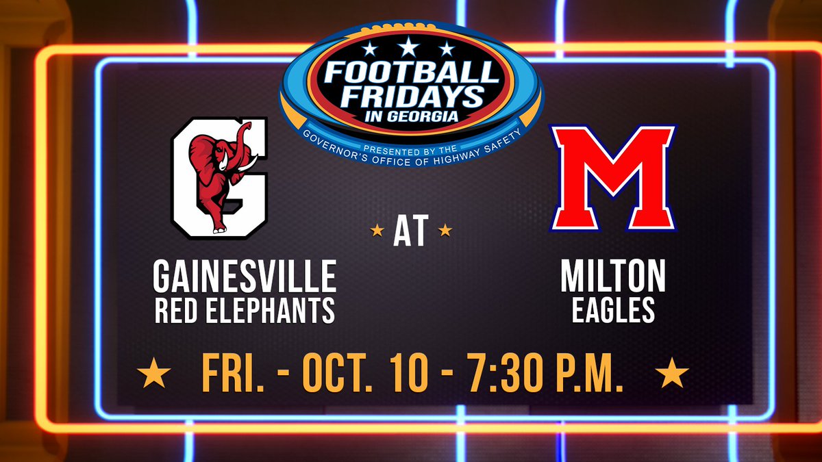 GPBsports's tweet image. Football Fridays in Georgia is headed to Milton, Georgia to broadcast the @RedElephant_FB vs. @MiltonEagles_FB Region 7-5A game on Friday, October 10. 7:30 p.m. kickoff.

Matchup details 🔗 ow.ly/QZVo50X6gt0 

Stream on YouTube, Facebook, Twitch and the GPB Sports App.