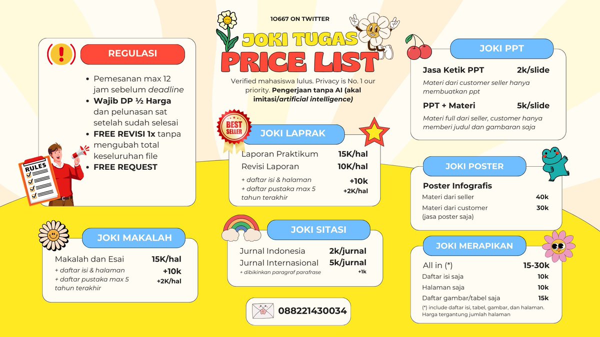 open joki tugas

laporan praktikum, makalh, esai, ppt, poster, merapikan word halaman daftar isi, mencari sitasi, unlock repostiory uns

🌟 anti ai/chatgpt
🤲🏻 spesialis pertanian agroteknologi. jurusan lain bisa tanya dulu
free request sesuai kemauan

more bit.ly/ayewhatsapp
