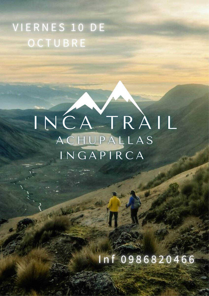 INCA TRAIL ACHUPALLAS-INGAPIRCA. 
Distancia: 35 kms
Duración: Dos días.
Nivel físico: Medio-Alto.
Nivel técnico: Bajo.
Altura máxima: 4400 msnm
Altura mínima: 3100 msnm
Punto de partida: Achupallas.
Punto de llegada: Ingapirca.
SALIDA VIERNES 10 DE OCTUBRE.
INFORMACIÓN 0986820466