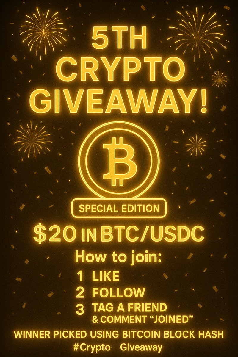 🎉 5th Crypto Giveaway! 🎉
🔥 Special Edition 🔥
💵 Prize: $20 in BTC/USDC

How to join:
1️⃣ Like ❤️
2️⃣ Follow 👤
3️⃣ Tag a friend &amp; comment “joined” 💬

Winner picked using Bitcoin block hash 🔑
(Transparent &amp; verifiable 🚀)

Rules in first Comment!

#Crypto #Giveaway #BTC #USDC