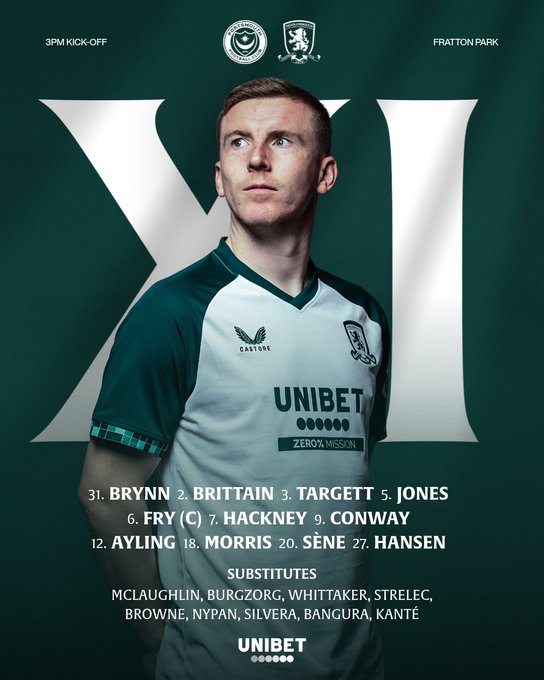 A photo of a soccer player wearing a Middlesbrough FC jersey with the Unibet sponsor logo. The jersey is green and white, and the player stands with hands on hips. Text overlay lists the starting lineup including Brynn, Brittain, Fry, Hackney, and others, along with substitutes like McLaughlin and Jones.