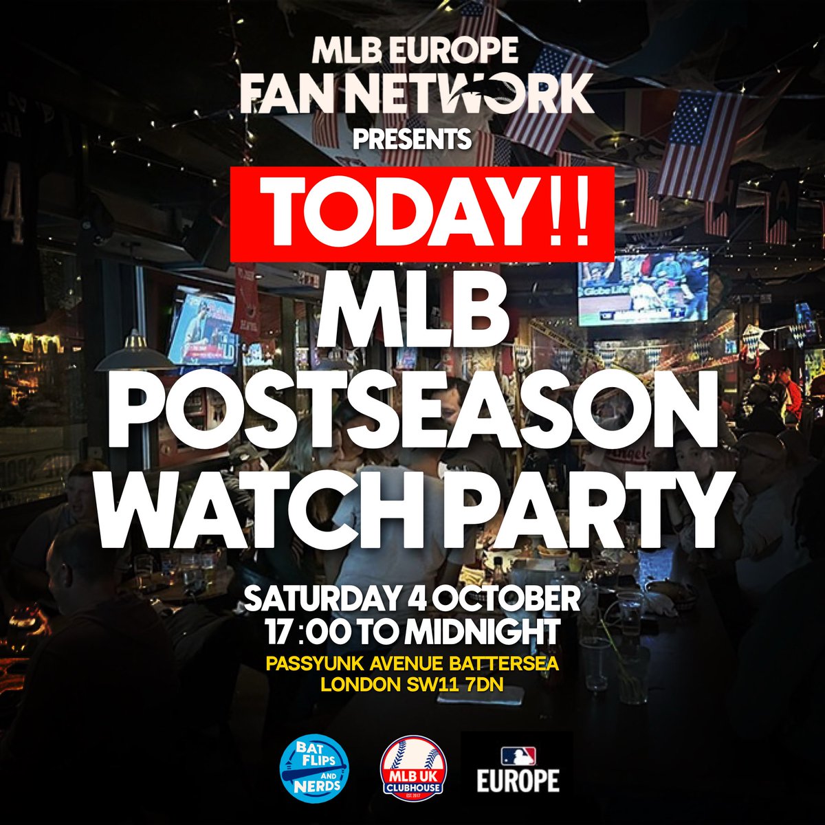 🚨 TODAY!🚨

⚾️ LIVE MLB POSTSEASON Watch Party!
📍 Passyunk Avenue, Nine Elms, London
🗓 Sat 4th October
🕡 5pm ’till late!

DIVISION SERIES ON DECK!!

🚃Dodgers @ Phillies🔔
🐻Cubs @ Brewers🍺
🐯Tigers @ Mariners🔱
🎩Yankees @ Blue Jays🐦

ALL welcome!

BRING IT!!
🖥️⚾️🧢🍻🌭
