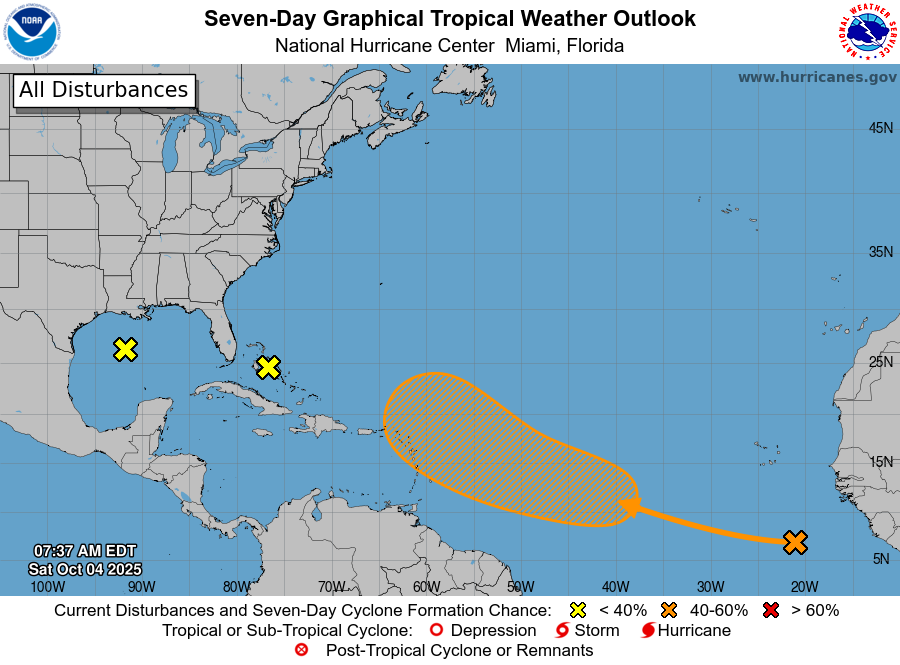 NHC Tropical Weather Outlook (8 am EDT Sat, Oct. 4)

🌴 Bahamas &amp; South Florida: Weak low drifts across the NW Bahamas toward S FL this weekend. No development expected, but heavy rain may cause flash flooding.

🌊 North-Central Gulf: Weak low drifts toward TX by Mon. Development