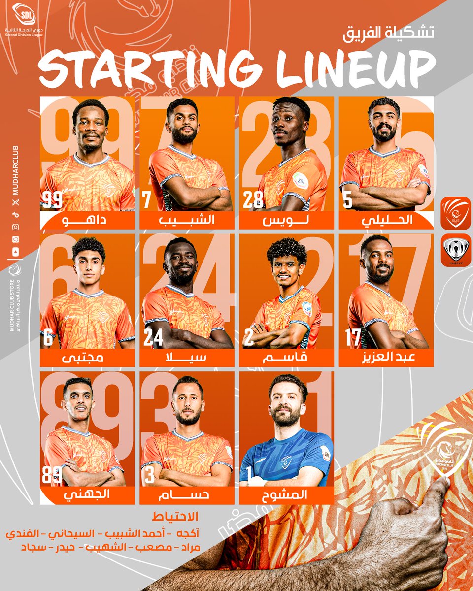 📋 قـائمة الفريق لمواجهة هجر 🧡🟠 

#مضر_هجر | #دوري_الدرجة_الثانية | #SDL