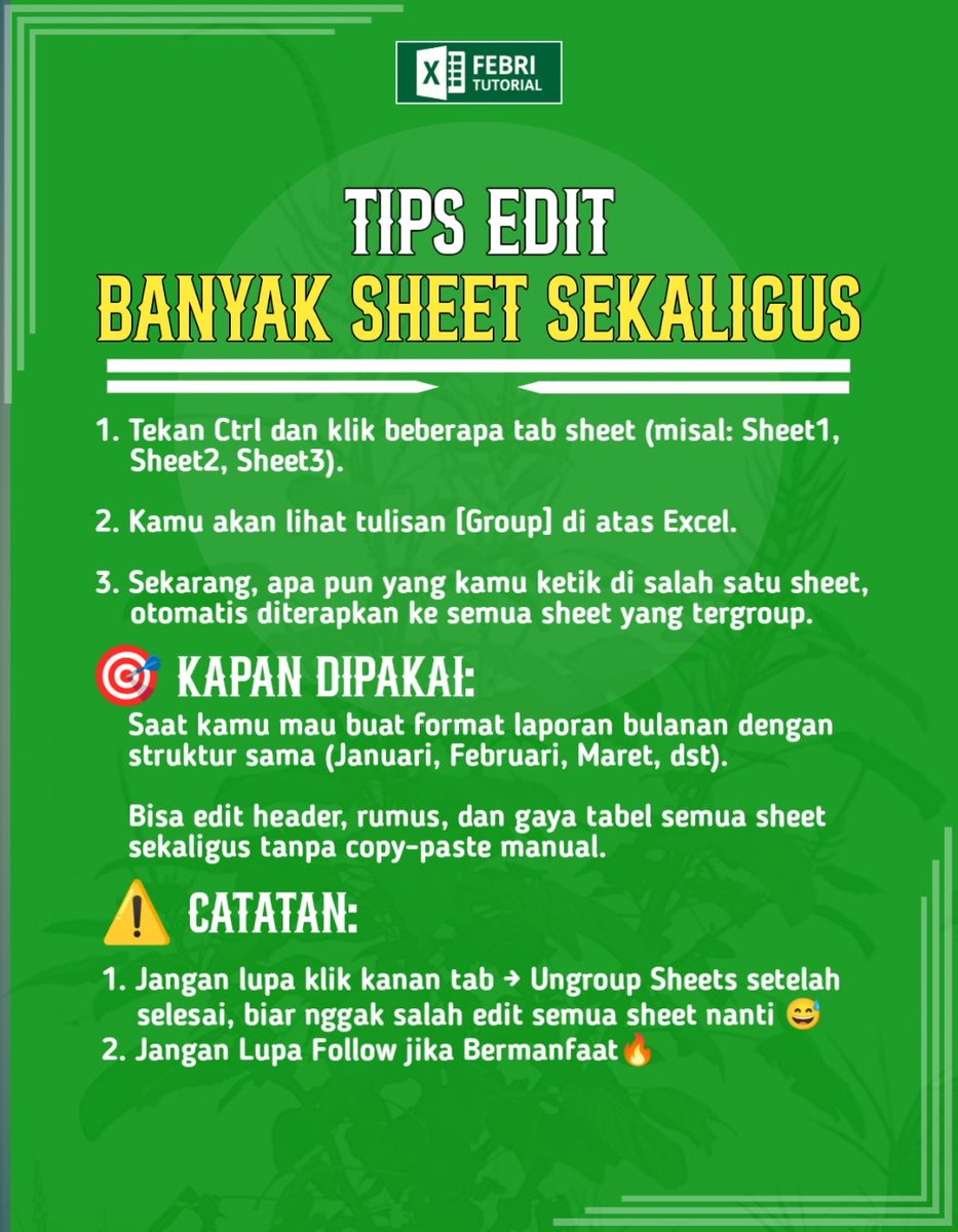 febri_tutorial's tweet image. Tips Excel Hari ini 👇
Edit Beberapa Sheet sekaligus, berfungsi banget ketika kamu mau buat Header data yang sama per beberapa periode, dicoba guys, kembali lagi dan follow jika dirasa bermanfaat.
@febri_yuliansyah5
#tipsexcelhariini #exceltips #challengeexcel #fyp