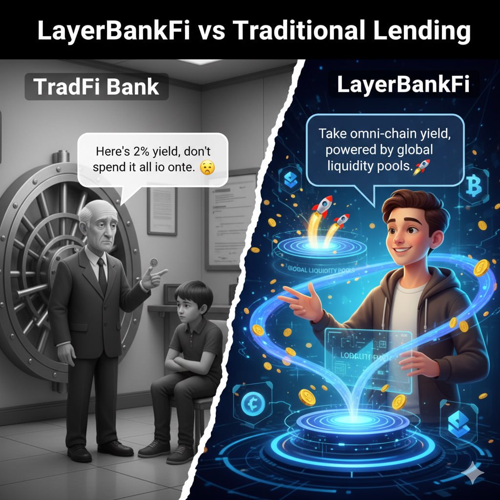 Johnsonvu3's tweet photo. LayerBankFi vs Traditional Lending
1/ TradFi bank: “Here’s 2% yield, don’t spend it all at once.” 🥱
@LayerBankFi : “Take omni-chain yield, powered by global liquidity pools.” 🚀💰
So next time your bank offers 2%, just smile and say: “Thanks, but I already have a jet.” 😎
#LayerBankFi #DeFi #Ulab @cookiedotfun