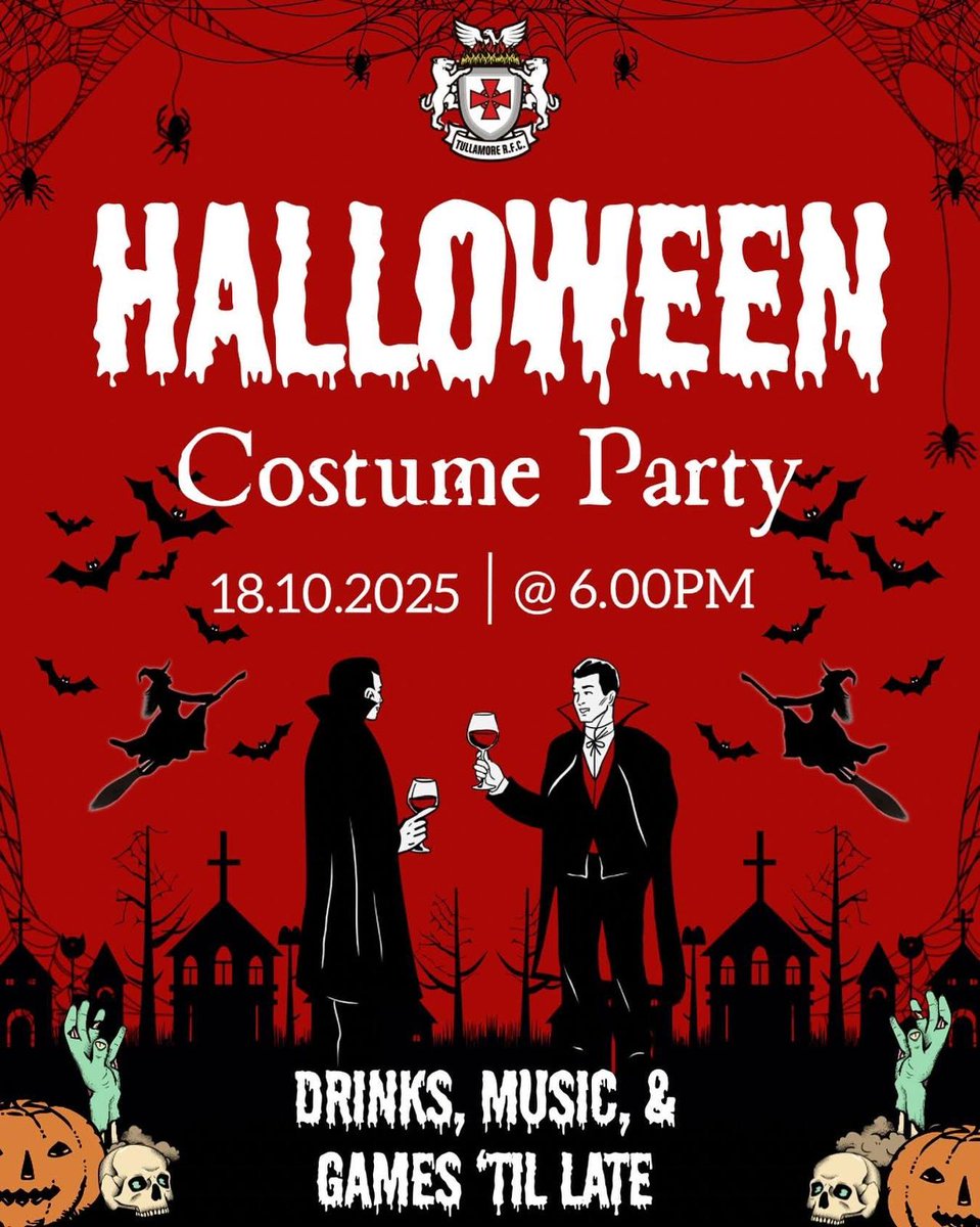 🎃🎃Get your costumes ready! 
Halloween Costume Party on Saturday 18th Oct from 6.00pm at TRFC
Expect drinks music games &amp; spooky vibes ‘til late 💀
Prizes best costumes – so bring your scariest game face!
 It’s going to be a frightfully good night! 
tullamorerugby.com/news/halloween…🎃💀
