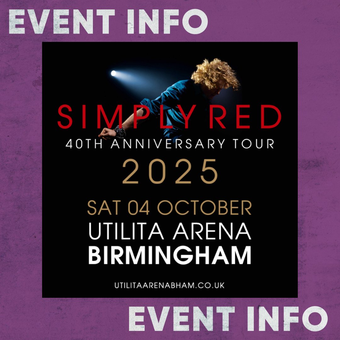 UtilitaArenaBHM's tweet image. Know before you go to #SimplyRed 🎤

⏰ Show times:
 18:00 - Doors Open
19:45 - Rumer
20:30 - Interval
21:00 - Simply Red
22:50 - Show Ends

*Timings are approximate and subject to change 

Visit our website for all event information 👉 bit.ly/48NzLXA