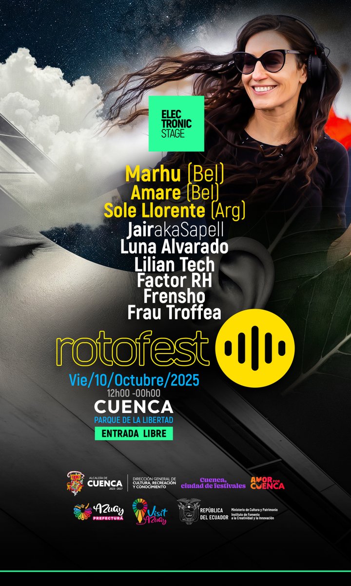 Rotofest's tweet image. 🎶 ELECTRONIC STAGE – #Rotofest2025
⚡️ 12H de techno & house non stop
🔥 Desde Tomorrowland, ADE y Burning Man directo a Cuenca:
✨ MARHU · AMARE · SOLE LLORENTE · JAIR + más
📅 Vie 10 OCT | 📍 Parque de la Libertad
🎟 Entrada libre | 🚫 Libre de alcohol y violencia
#Rotofest