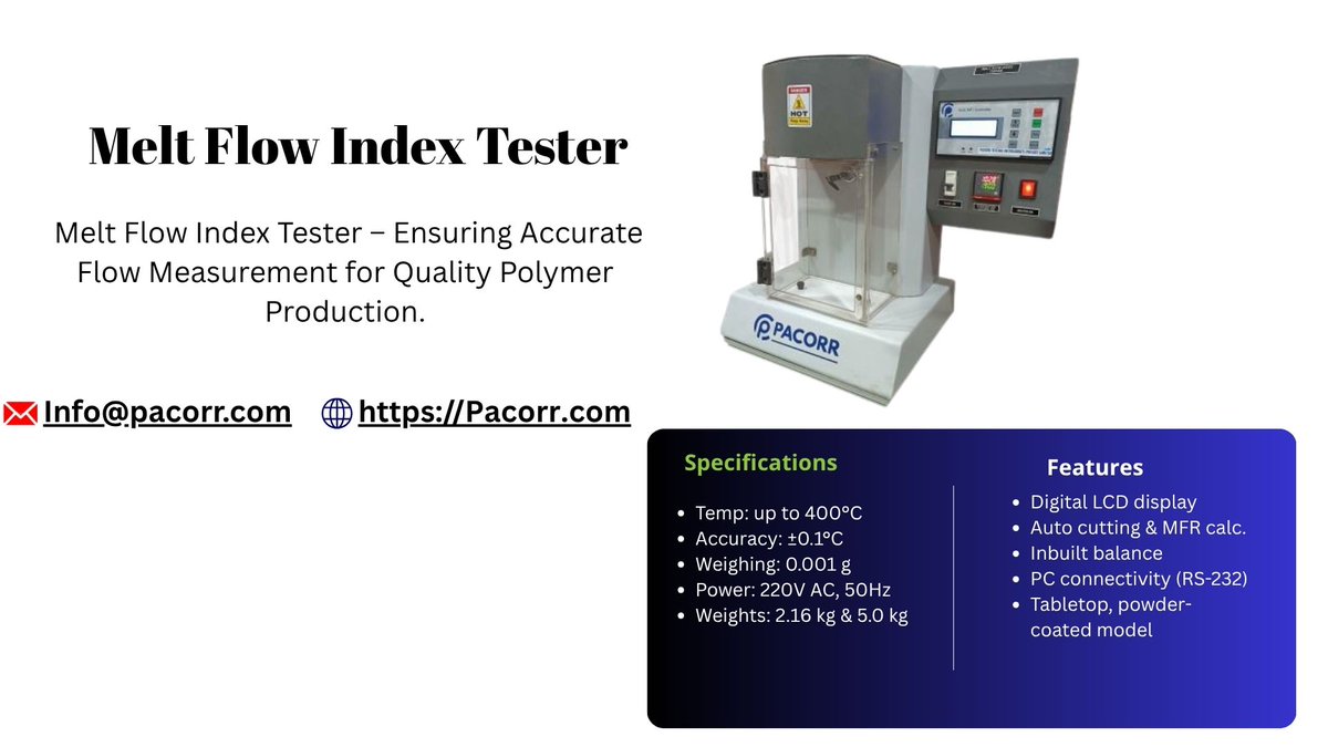 pacorr_testing's tweet image. 🔬 Pacorr Melt Flow Index Tester – Accurate, fast, and reliable testing for polymers.
Measure melt flow with precision and confidence!
📞 +91-8882149230 | 🌐 pacorr.com
pacorr.com/product/automa…
#MeltFlowIndexTester #PacorrTestingInstruments