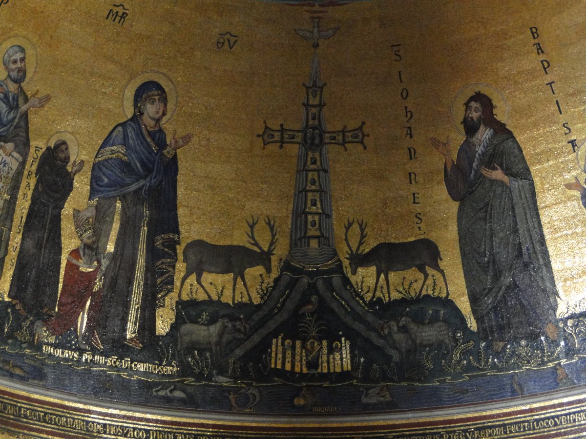MarkWerling5's tweet image. It's the feast of St. Francis.

This is the Lateran cathedral in Rome.  To the left, we see Francis, Pope Nicholas IV (the first Franciscan pope), and Mary.  Stags, a symbol of Christ, bestride the cross.  To the right is John the Baptist, pointing inward.  #FeastDay #StFrancis