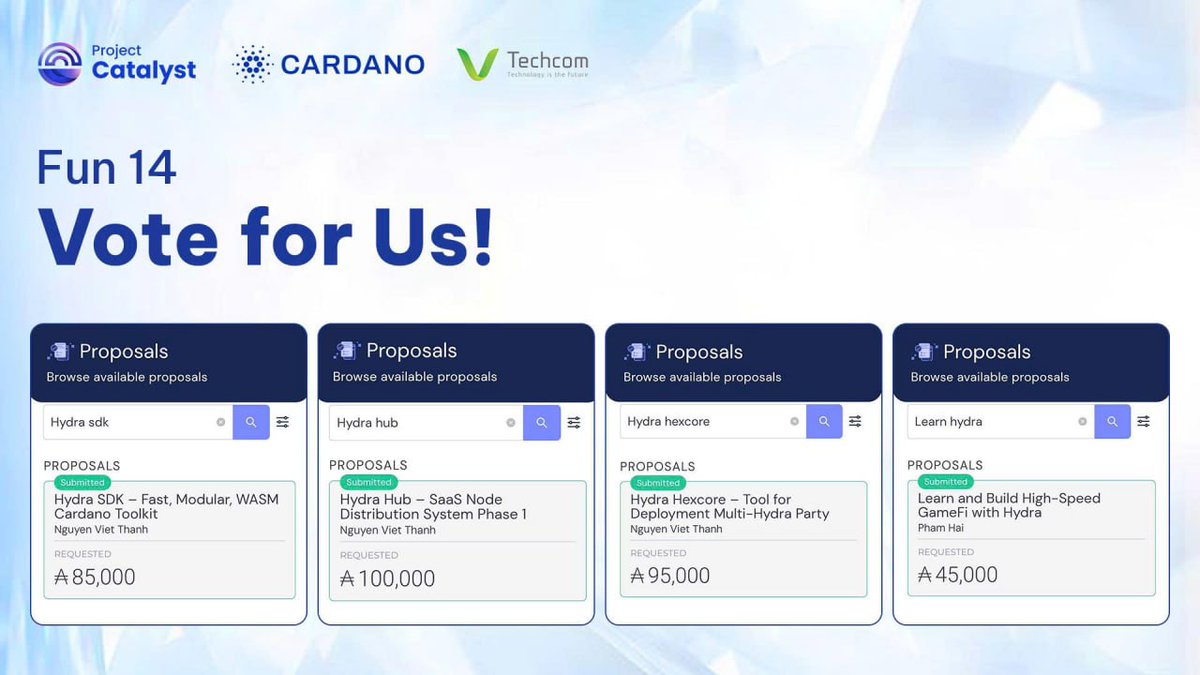 🚀 Only 2 days left to vote in Fund 14!
We are bringing 4 proposals to make #Hydra easier to use, more affordable, and more practical.
👉 Every vote you cast is the motivation for us to keep building tools for the Cardano community.
Support and share! fund14.hydrawallet.app