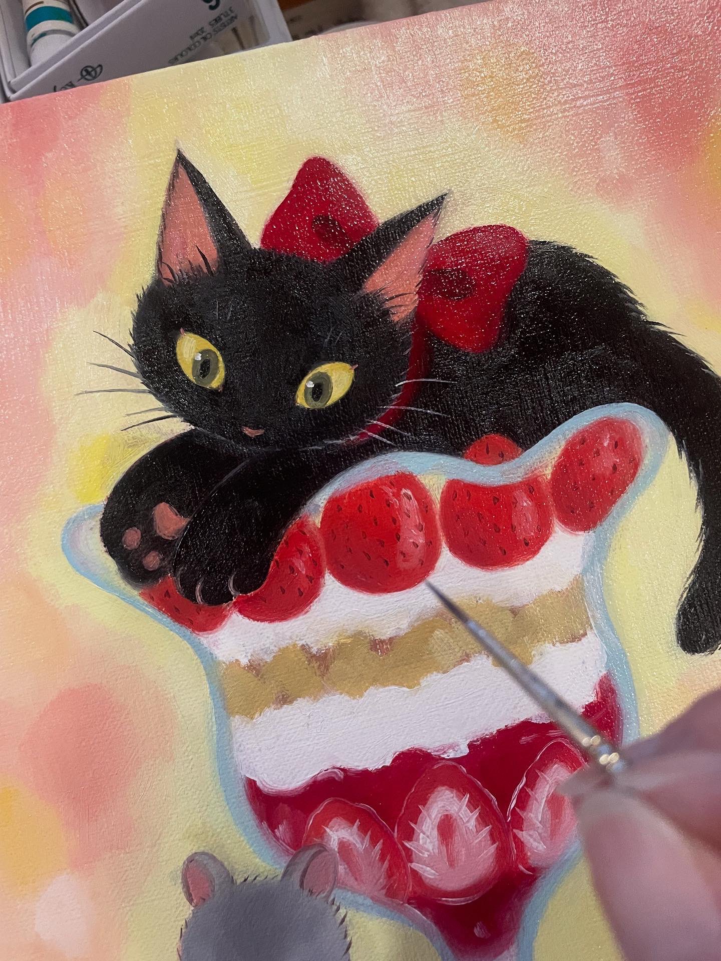 ひまわり様 demodeeチャーム 赤いリボンの 子 黒猫ちゃん付