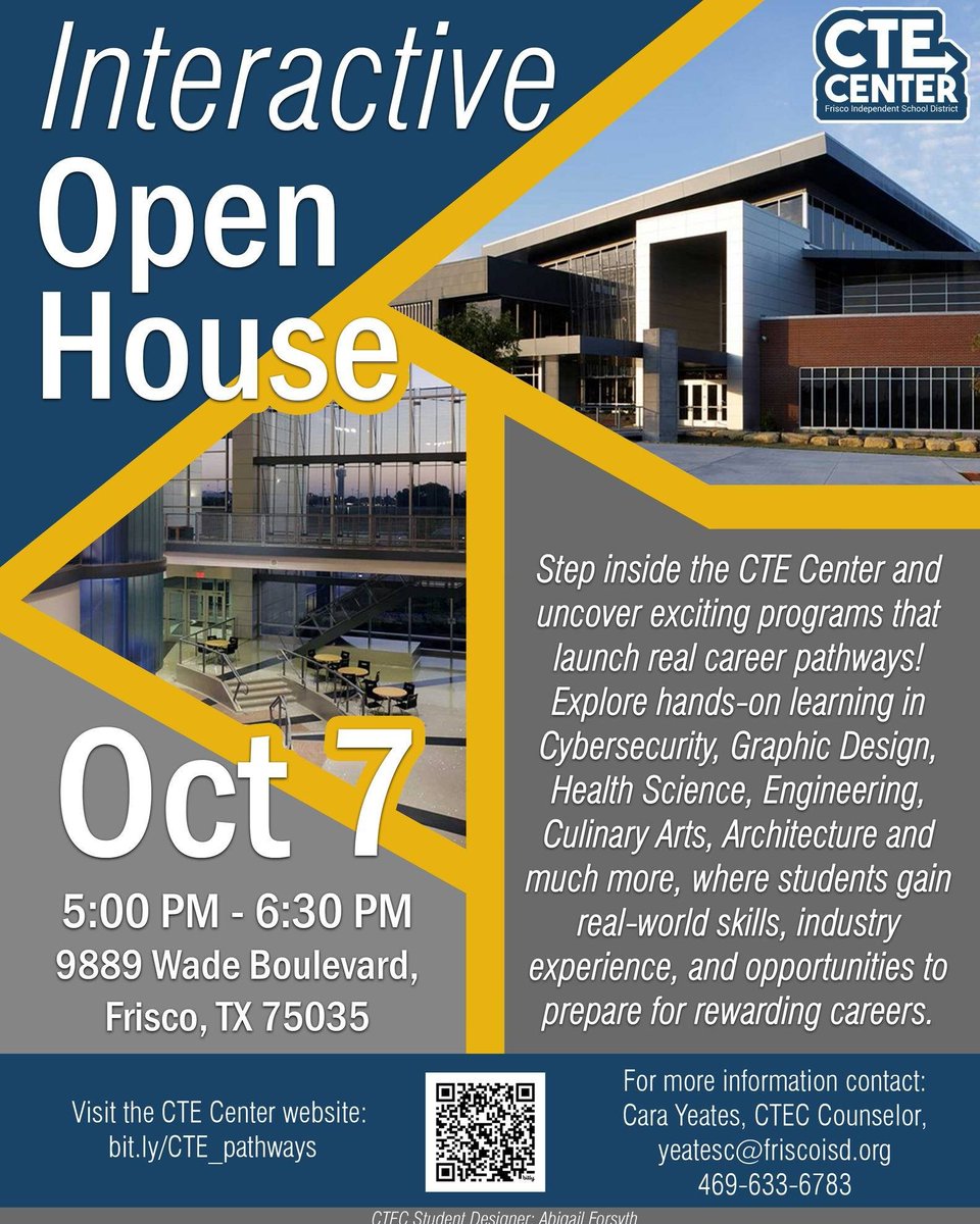 Discover your future at the CTE Center Interactive Open House! 🌟 

Middle and high school students are invited to tour the campus, explore programs, and learn about classes and career pathways on October 7 at 5:00 PM.