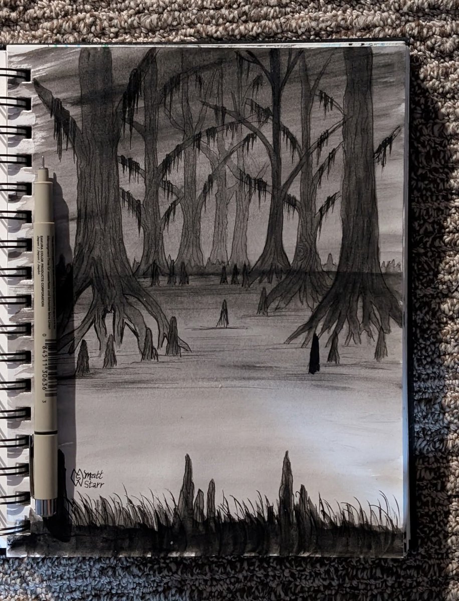 MattStarrFineA1's tweet photo. INKTOBER 2025- DAY 4: murky
#mattstarrfineart #inktober #inktober2025 @inktober #inkartist #ink #art #inkwork #blackandwhite #sketch #design #inking #inkwork #doodle #creative #artist #murky #swamp #swamps #fog #lake #trees https://t.co/0wFf5UwI8A