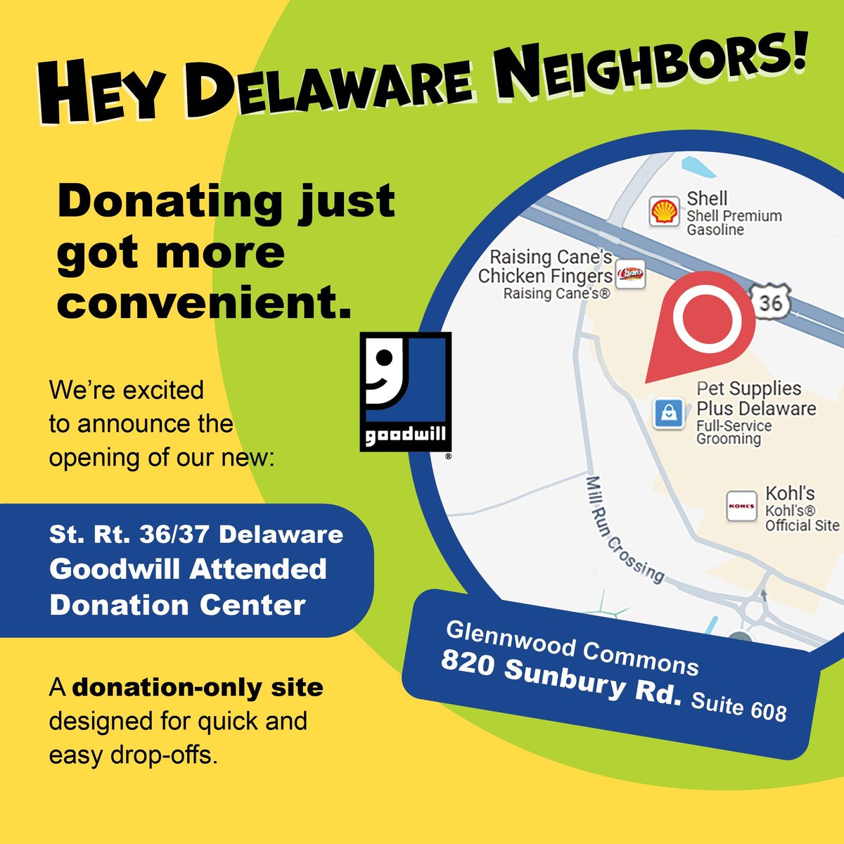 MarionGoodwill's tweet photo. Now Open in Delaware! Our new Attended Donation Center in Glennwood Commons, 820 Sunbury Rd., Suite 608, is ready for you. Hours: Mon–Sat 9–7 | Sun 10–6. Drive up, drop off, and our team will help unload. #GoodHappensHere #DonateStuffCreateJobs #delawareohio https://t.co/UuvNC4Xz76