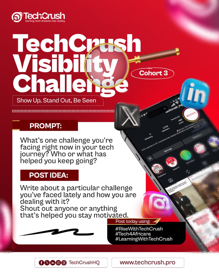 deevcoder's tweet image. Day 4 of the @TechCrushHQ Visibility Challenge 💪
One big challenge for me is balancing consistency with rest, but my peers & mentors at @TechCrushHQ keep me grounded and motivated.
Growth really happens through community. 💡
#RiseWithTechCrush #Tech4Africans #Cohort3 #PM