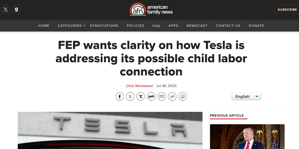 A Free Enterprise Project shareholder proposal asks #Tesla to issue a report on the extent to which child labor may be involved in the manufacture of the company's #ElectricVehicle batteries.

FEP Director Stefan Padfield says "there is clearly a market for EVs," but adds the
