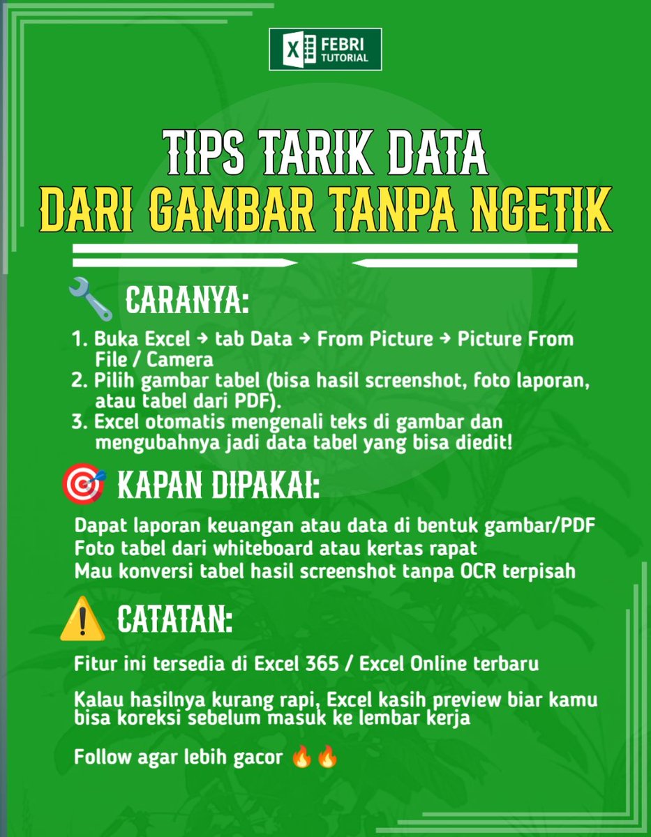 febri_tutorial's tweet image. Nih Tips gua kasih tips Excel Keren 🔥🔥
Cara ambil tulisan di gambar tanpa mengetik, yakin deh 99% banyak yang belum tahu !
#excel #tipsexcel