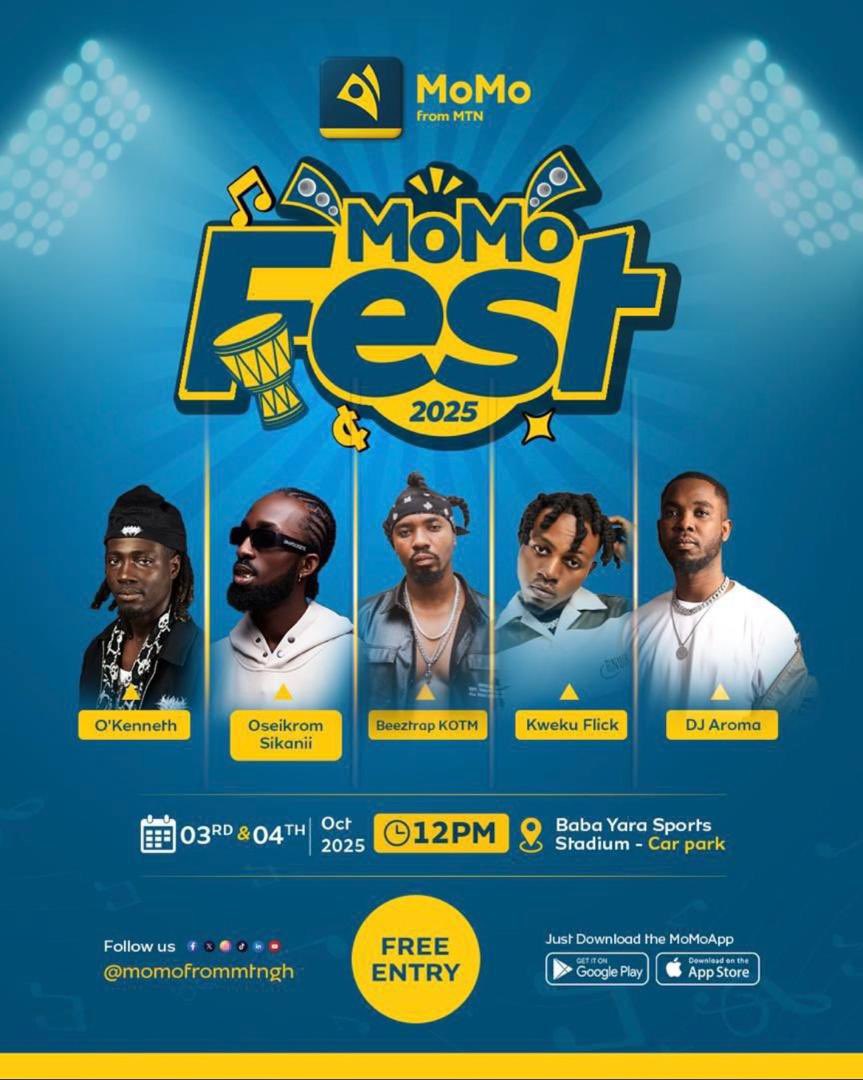 💛 It’s the Final Day of #MoMoFest 🔥
Pull up to the Baba Yara Stadium Car Park for the grand closing — cashless shopping, gifts, and back-to-back performances! 🎶💃

📲 Entry is FREE just download the MoMo App and join the vibe!
<a href="/MoMoFromMTNGh/">MoMoFromMTNGh</a> 
#MoMoCashlessMarket #MoMoFest