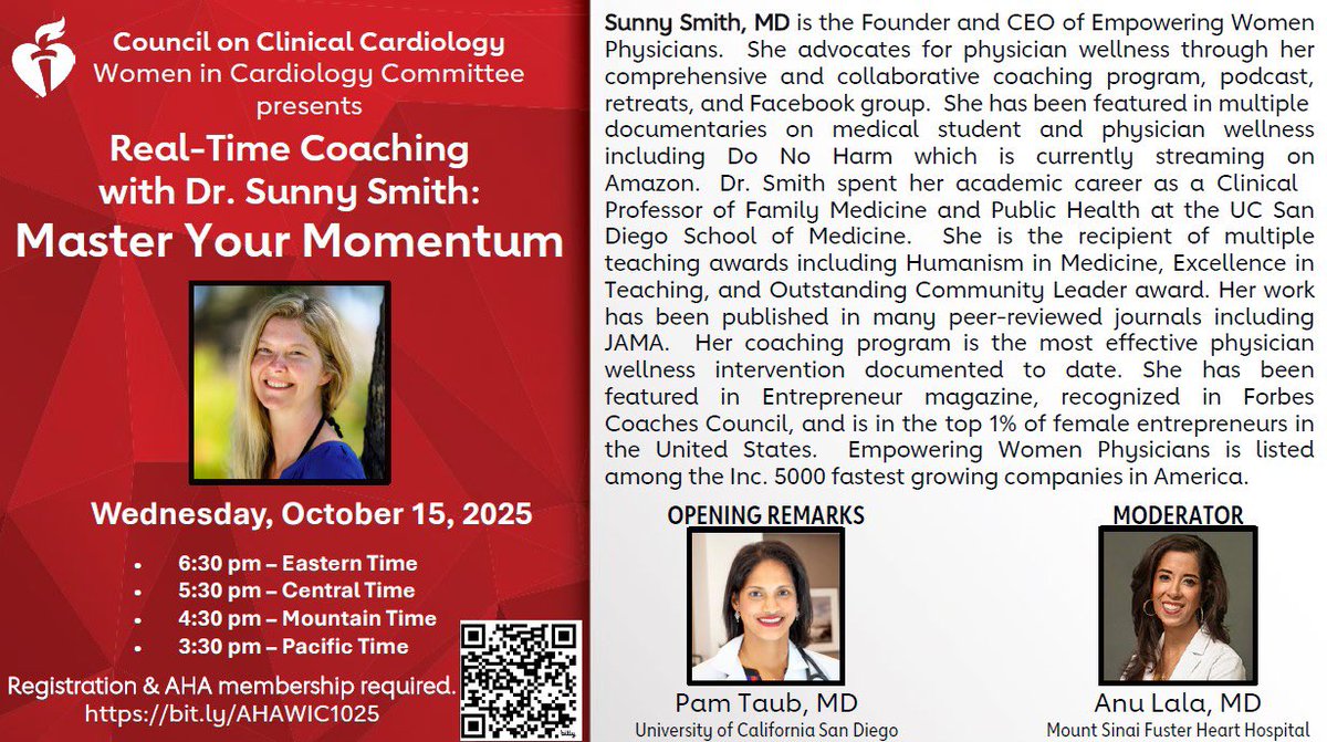 MonSangh's tweet image. Curious about Coaching?
Join #AHAWIC for this unique opportunity to learn from master coach, physician, & CEO of Empowering Women Physicians - Dr. Sunny Smith!
@PamTaubMD @dranulala @Bweber04 @KTamirisaMD @KhazanieHeart @emilyswlau @SamiaMoraMD @JonPHeart @sunnysmithmd