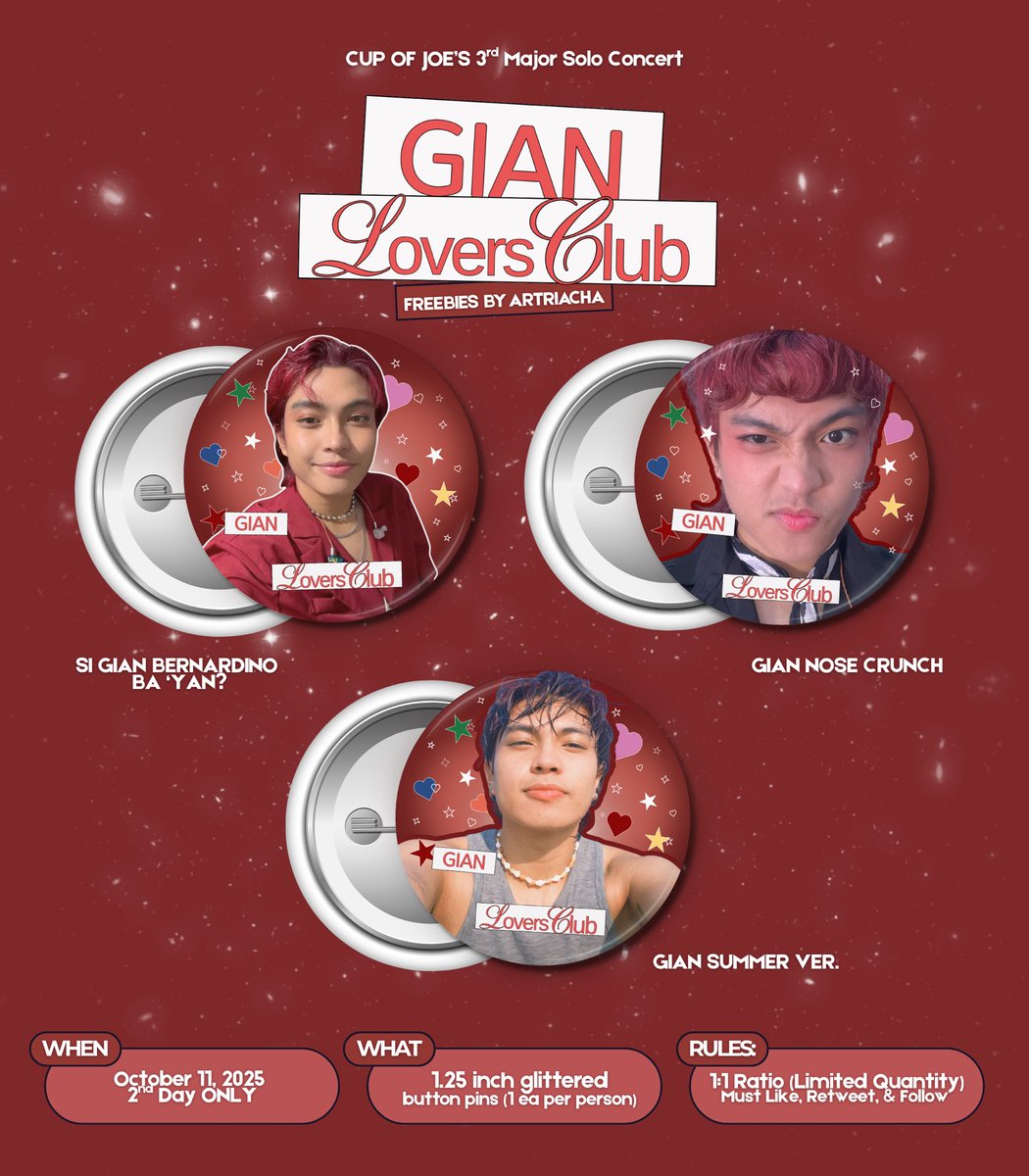 artriacha's tweet photo. cup of joe stardust pins/badge freebies 🔮💫

★༝┉ 1.25 inch glittered button pins
(a). silakbo &amp; stardust
(b). gian lovers club
★༝┉ like, rt &amp; feel free to follow  
★༝┉ 1:1 (limited qty)
★༝┉ October 11, 2025 (exact loc: tba)

#COJStardustTheConcert #cojtwt https://t.co/SUZk89HtZ9