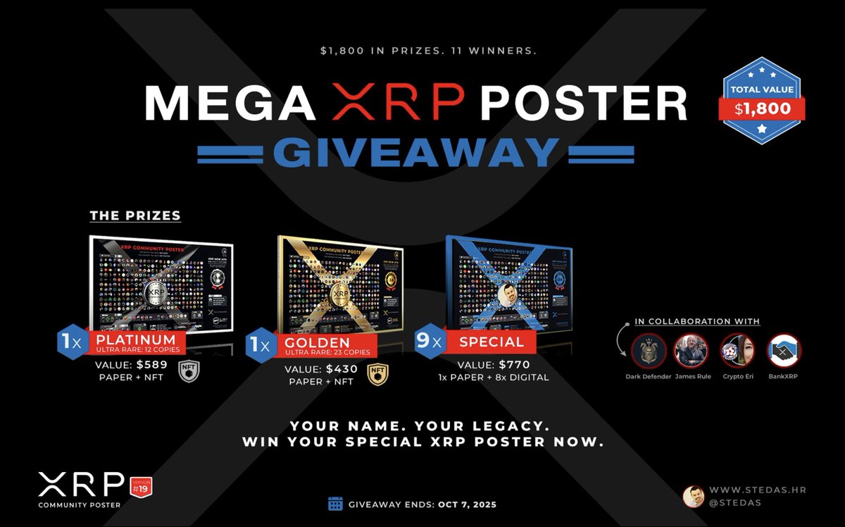 👊😎 Join the massive XRP Community Poster Giveaway from <a href="/stedas/">XRP_Cro 🔥 AI / Gaming / DePIN</a> 

Rules for the participants: How to Enter? 

✅Retweet 

➡️Follow <a href="/RuleXRP/">James Rule XRP 👊😎</a> <a href="/sentosumosaba/">🌸Eri ~ Carpe Diem</a> <a href="/DefendDark/">Dark Defender</a> and <a href="/BankXRP/">𝗕𝗮𝗻𝗸XRP</a> 

📌Tag 2 XRP legends 

🗣️Comment: Why are you excited to be on the XRP Poster? Share your story.