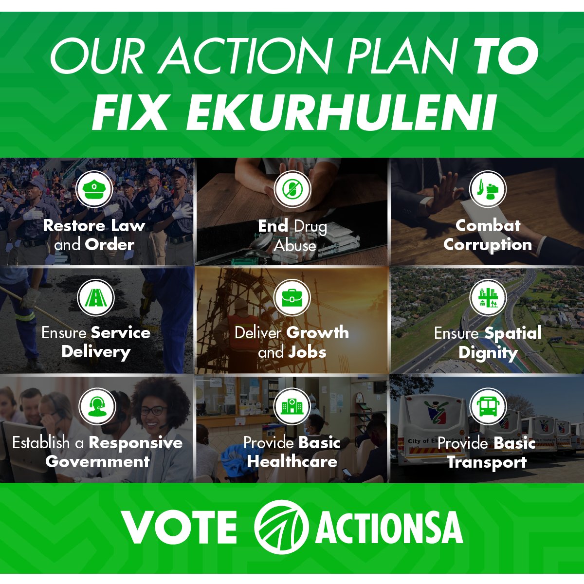 Action4SA's tweet photo. This is our Action Plan to fix Ekurhuleni. 🛠️

From restoring law & order and fighting corruption to driving growth and reliable delivery of services - our Mayoral Candidate Xolani Khumalo has a plan to fix Ekurhuleni and build a City that works for all.

#LetsFixEkurhuleni