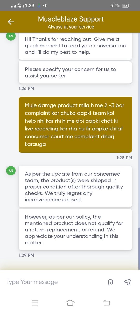 dayanandjaattt's tweet image. @jagograhakjago @DoC_GoI 

Mujhe @MuscleBlaze se damaged &amp;amp; unsealed product mila. Refund/return request bina reason ke reject kar di gayi.  

Maine sahi Act ke anusar request ki, par inhe kisi se koi dar nahi! 
Please take action 🙏  
Proofs attached.
#ConsumerRights #MuscleBlaze